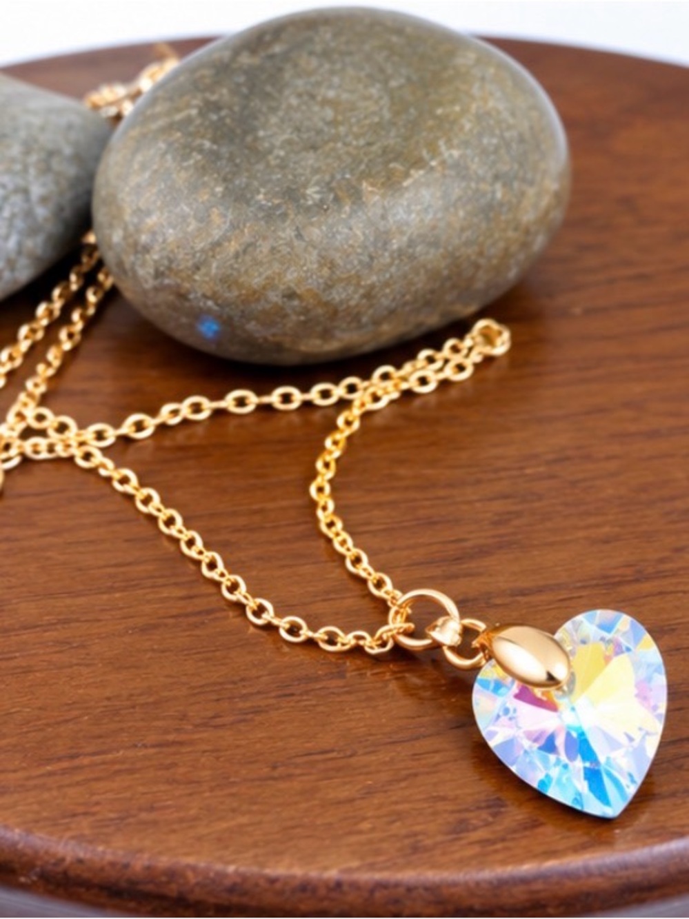 18K Gold Iridescent White AB Crystal Heart Pendant Necklace